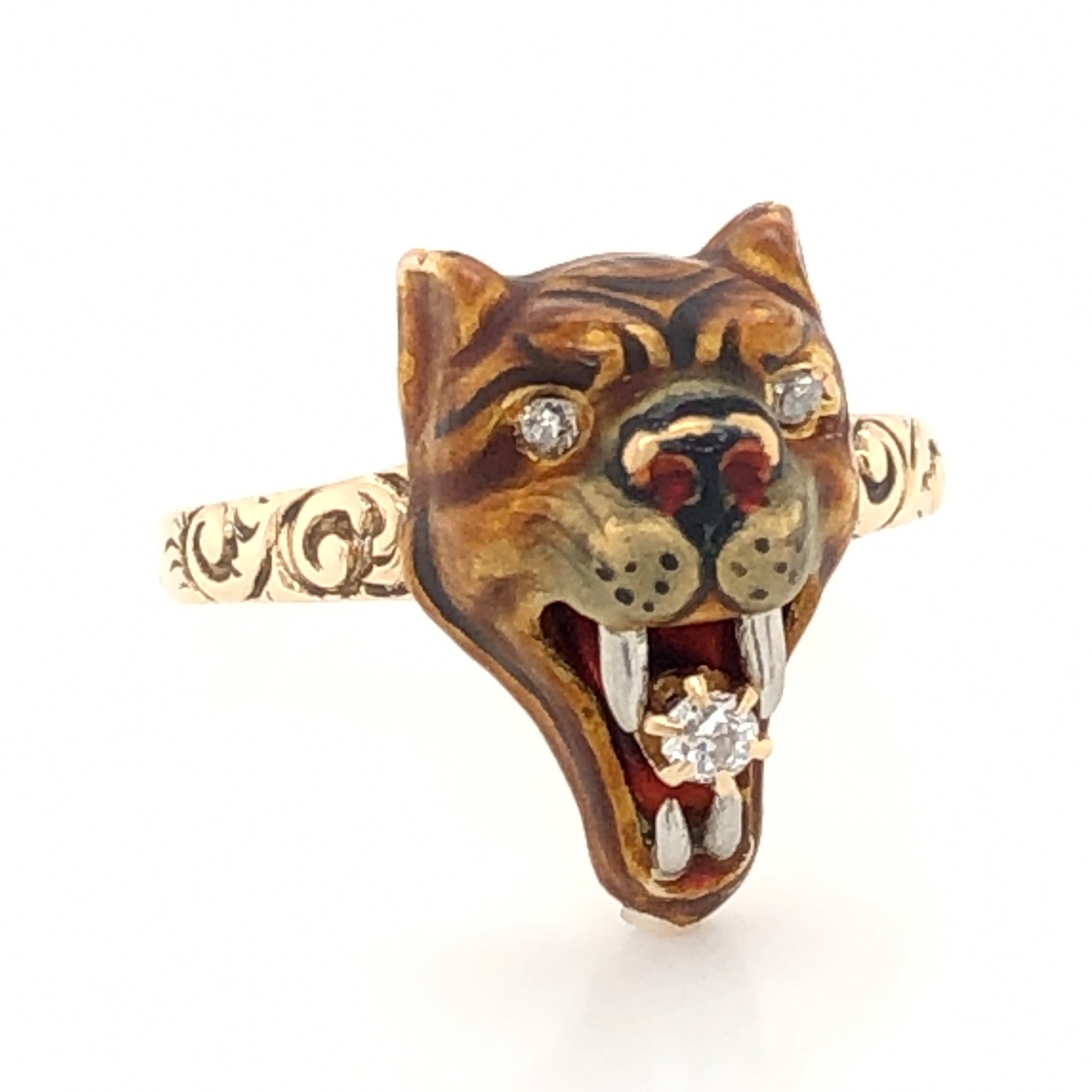 Victorian Lion Ring w/ Diamonds in 10k Yellow Gold