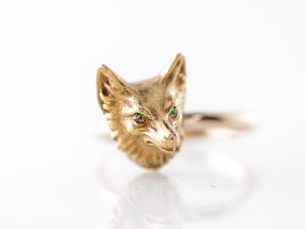 Vintage Victorian Fox Ring w/ Emeralds in Yellow Gold