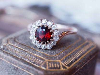 Vintage Victorian Garnet & Diamond Halo Ring in 14k