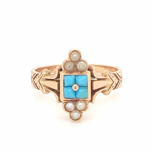 Victorian Pearl & Turquoise Ring in 14k Rose Gold
