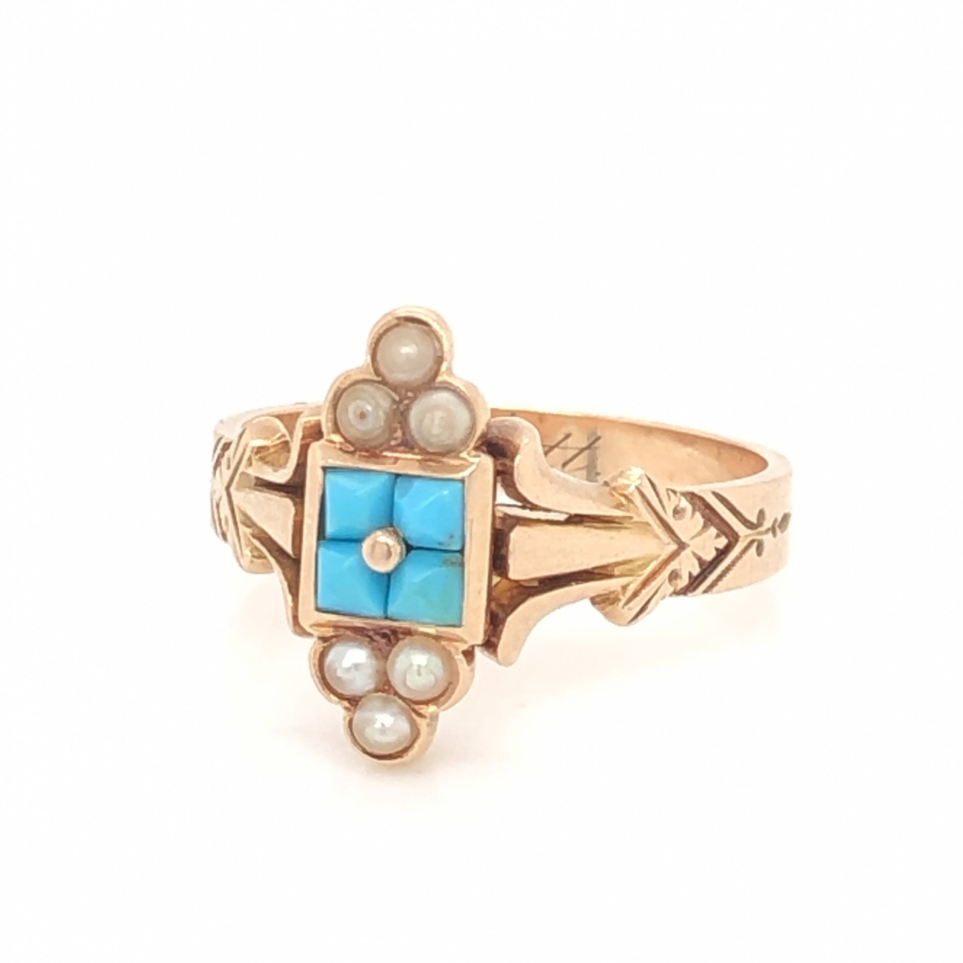 Victorian Pearl & Turquoise Ring in 14k Rose Gold