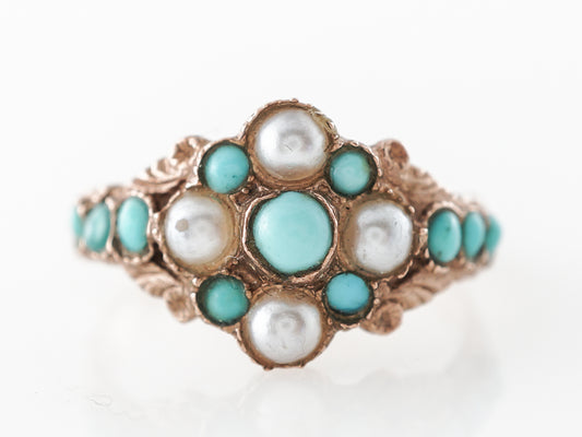 Vintage Victorian Turquoise & Pearl Ring in 9k Yellow Gold