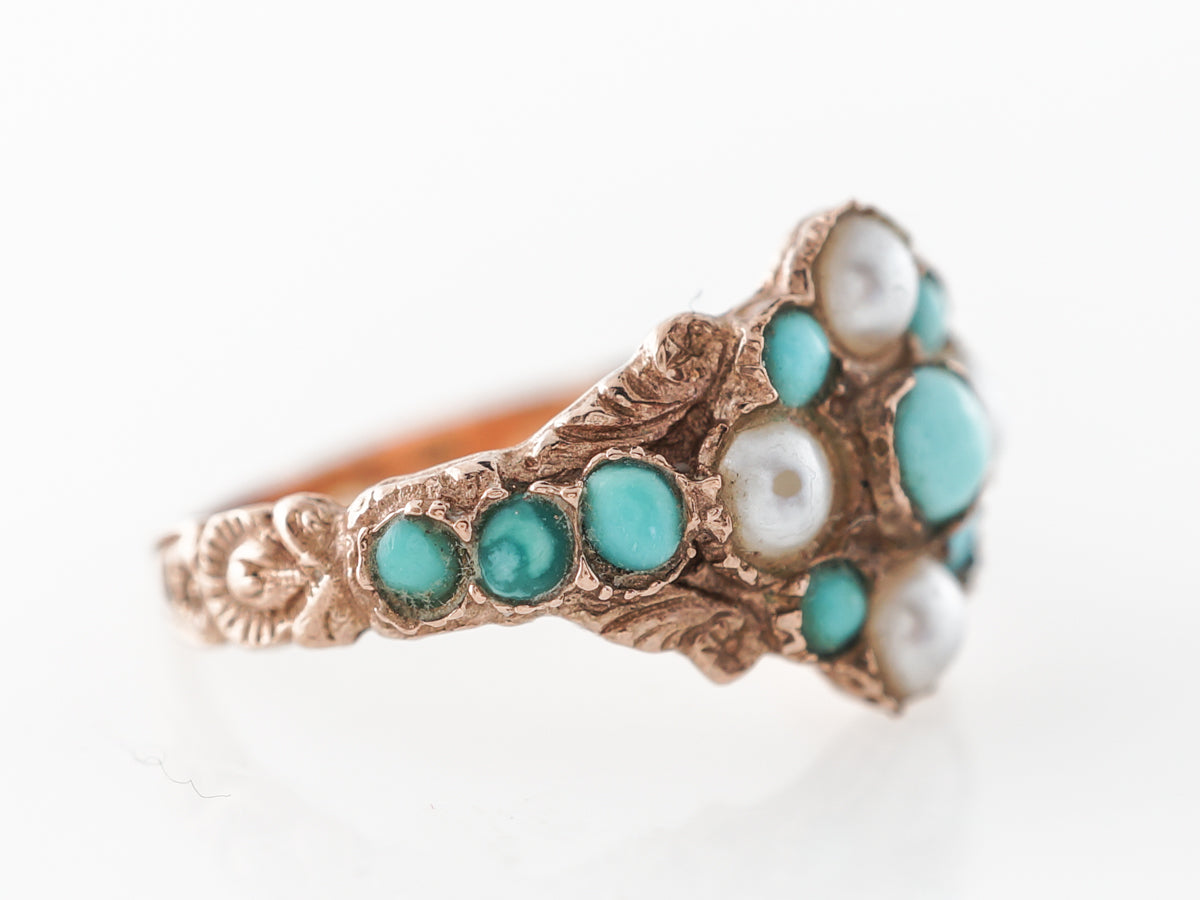 Vintage Victorian Turquoise & Pearl Ring in 9k Yellow Gold