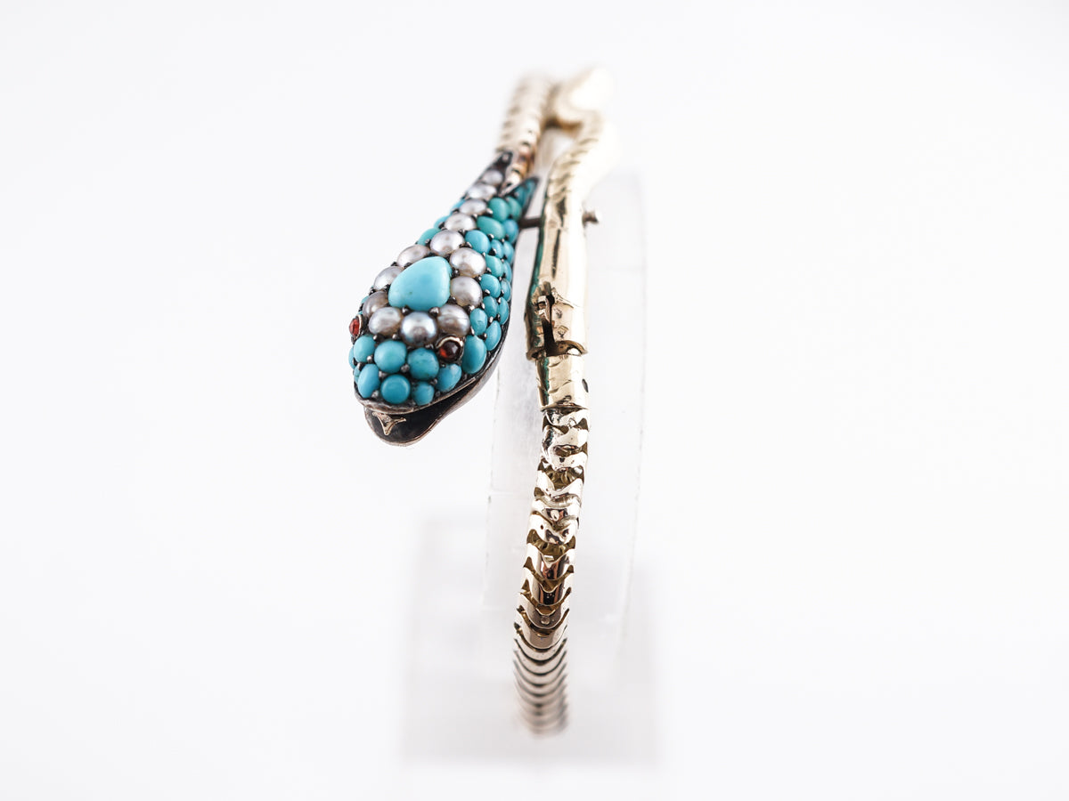 Vintage Victorian Turquoise & Pearl w/ Ruby Snake Bracelet