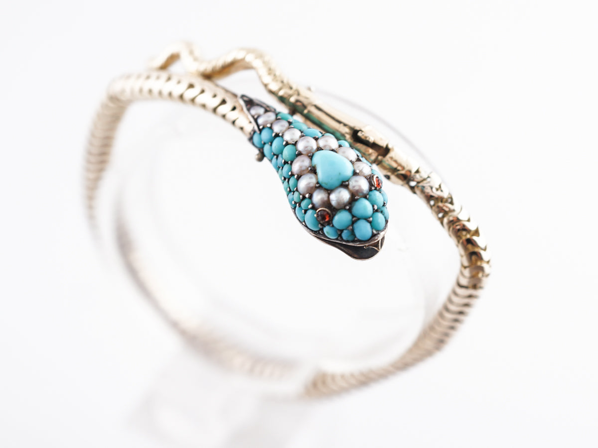 Vintage Victorian Turquoise & Pearl w/ Ruby Snake Bracelet