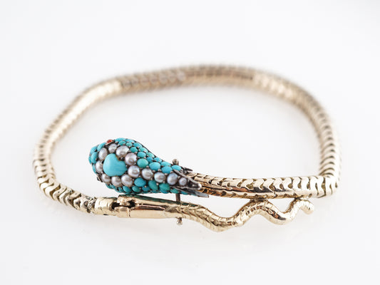 Vintage Victorian Turquoise & Pearl w/ Ruby Snake Bracelet