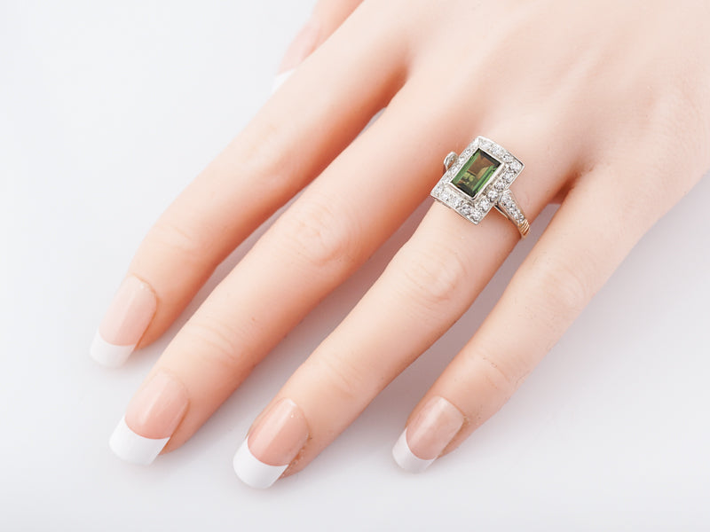 Vintage Right Hand Ring Retro .72 Emerald Cut Green Tourmaline in 14k Yellow & White Gold