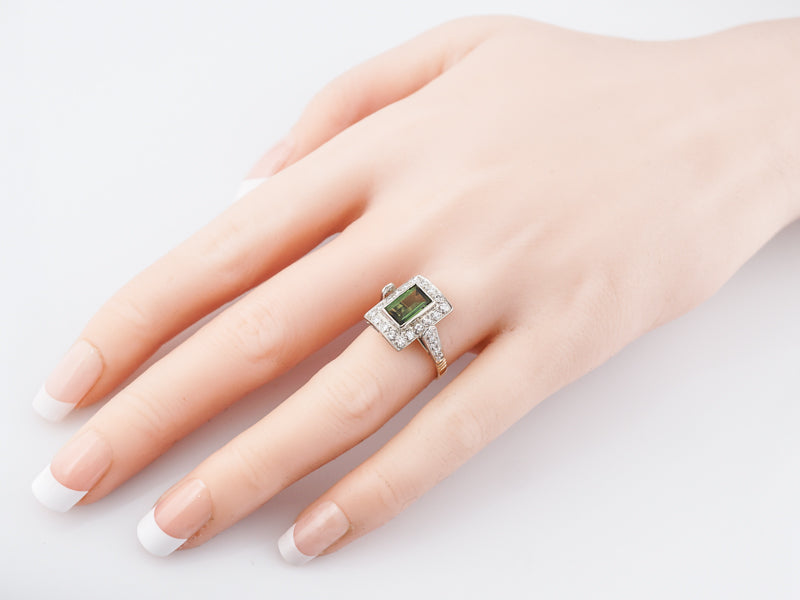 Vintage Right Hand Ring Retro .72 Emerald Cut Green Tourmaline in 14k Yellow & White Gold