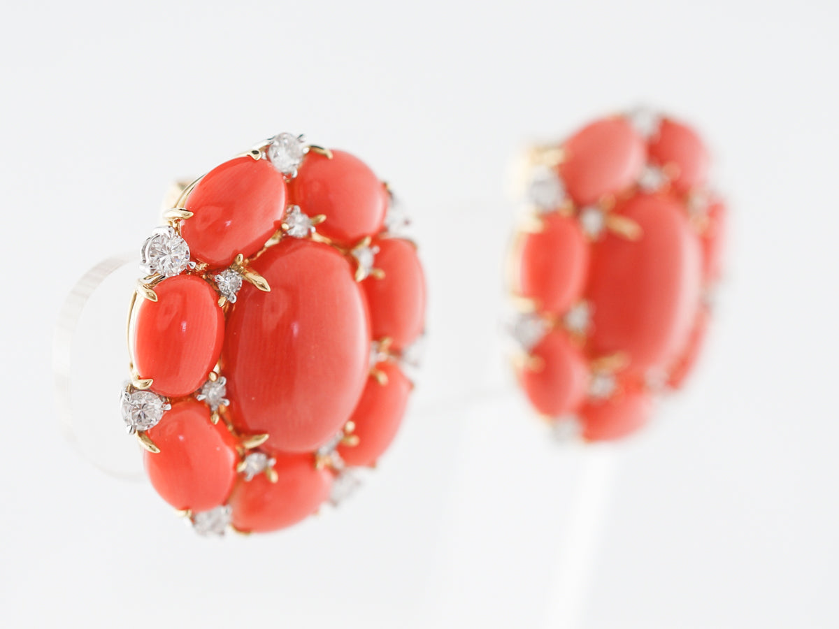 Cabochon Coral & Diamond Earrings in 18k Yellow Gold