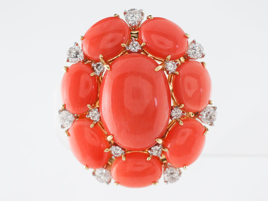 Cabochon Coral & Diamond Earrings in 18k Yellow Gold