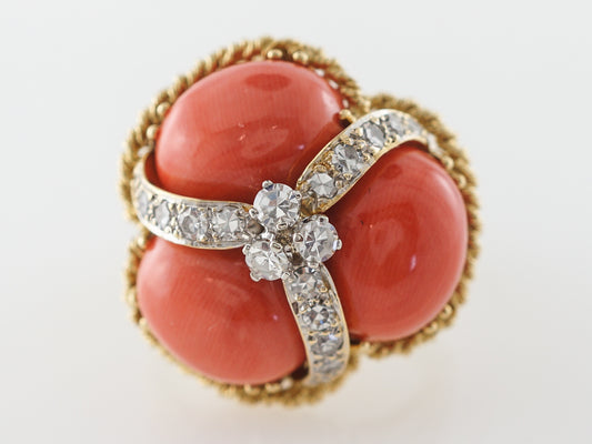 Cabochon Coral & Diamond Ring in 18k Yellow Gold