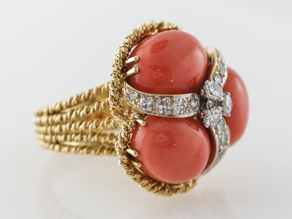 Cabochon Coral & Diamond Ring in 18k Yellow Gold