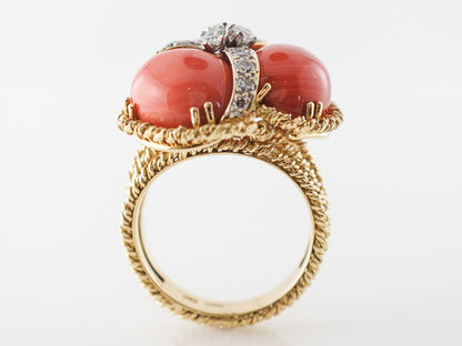 Cabochon Coral & Diamond Ring in 18k Yellow Gold