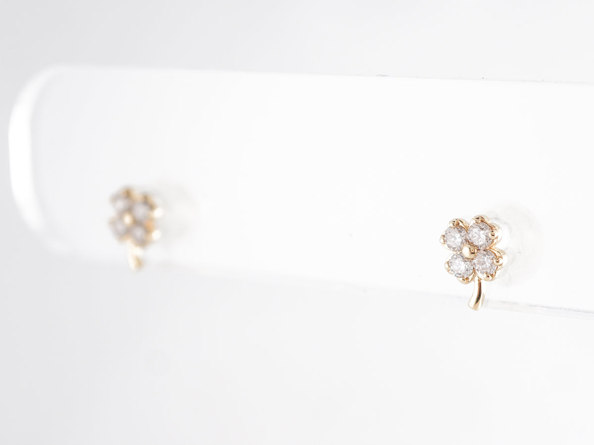 Yellow Gold Clover Earrings w/ Round Brilliant Diamonds